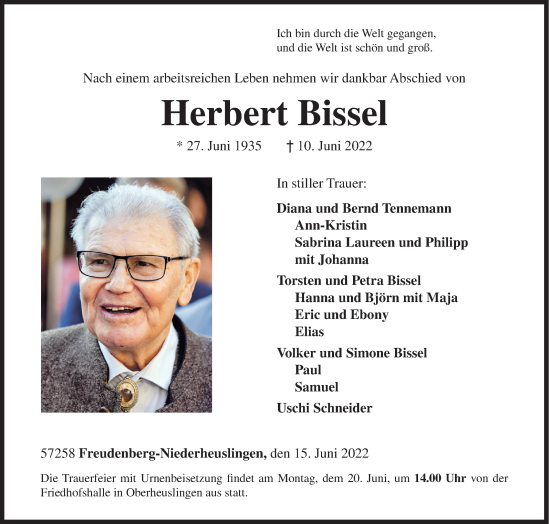 Traueranzeige von Herbert Bissel von Siegener Zeitung