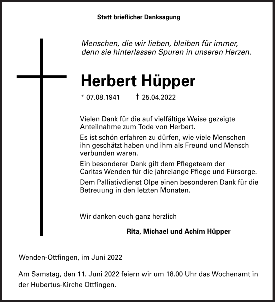 Traueranzeige von Herbert Hüpper von Siegener Zeitung