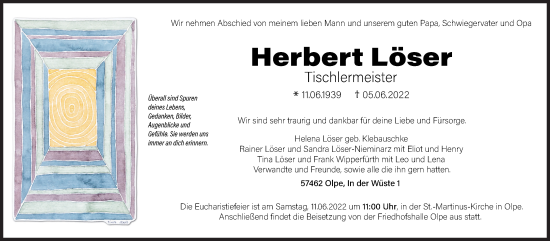Traueranzeige von Herbert Löser von Siegener Zeitung
