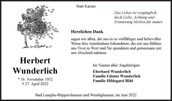 Traueranzeige von Herbert Wunderlich von Siegener Zeitung