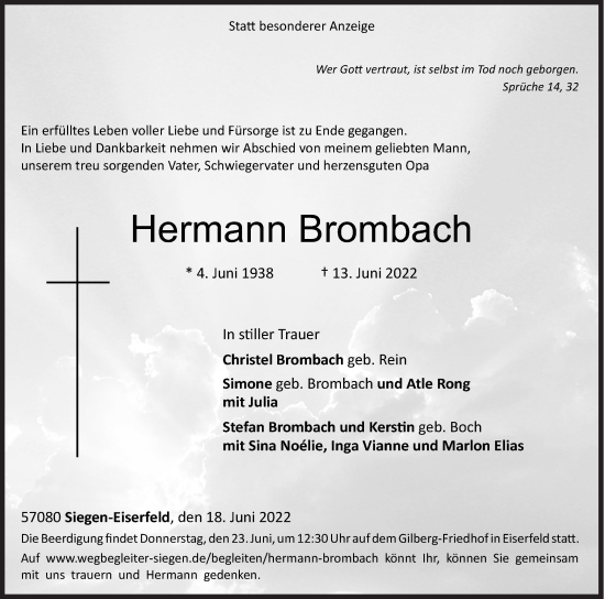 Traueranzeige von Hermann Brombach von Siegener Zeitung