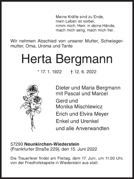 Traueranzeige von Herta Bergmann von Siegener Zeitung
