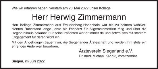Traueranzeige von Herwig Zimmermann von Siegener Zeitung