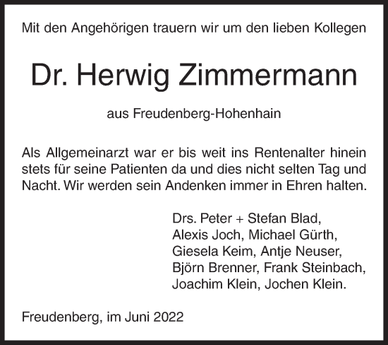 Traueranzeige von Herwig Zimmermann von Siegener Zeitung