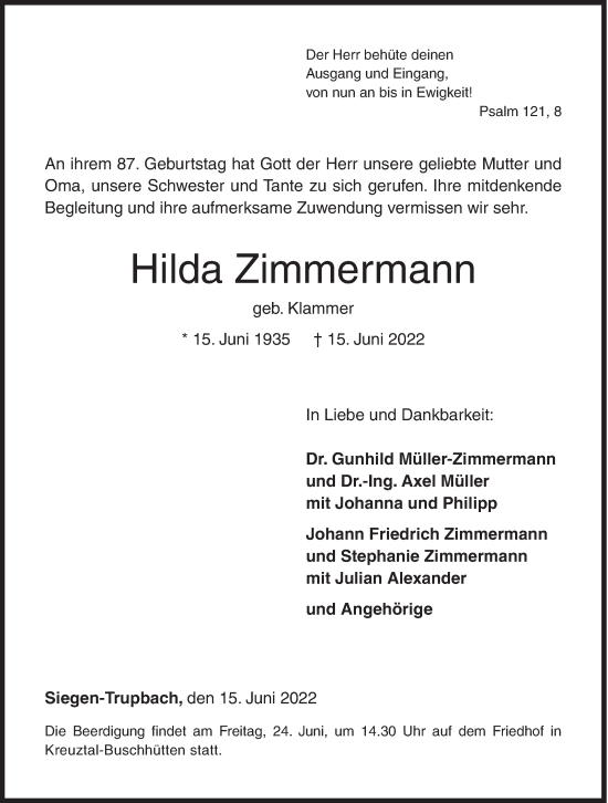 Traueranzeige von Hilda Zimmermann von Siegener Zeitung