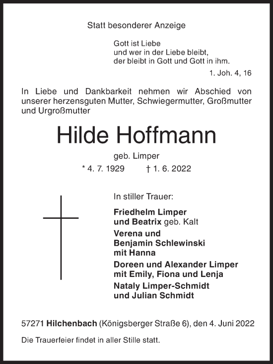 Traueranzeige von Hilde Hoffmann von Siegener Zeitung