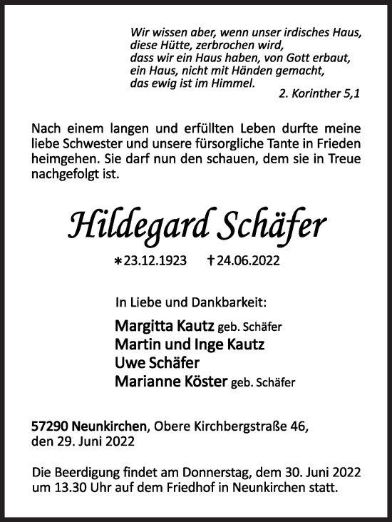 Traueranzeige von Hildegard Schäfer von Siegener Zeitung