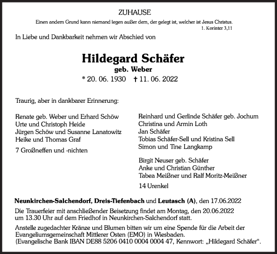 Traueranzeige von Hildegard Schäfer von Siegener Zeitung
