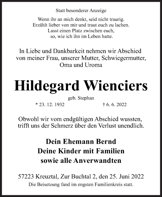 Traueranzeige von Hildegard Wienciers von Siegener Zeitung