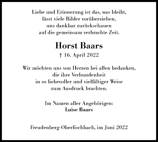 Traueranzeige von Horst Baars von Siegener Zeitung