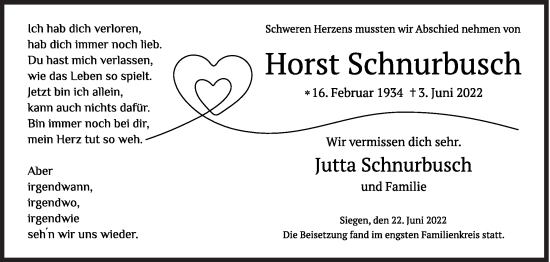 Traueranzeige von Horst Schnurbusch von Siegener Zeitung