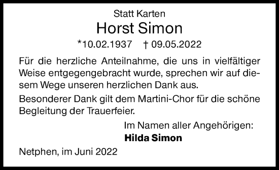 Traueranzeige von Horst Simon von Siegener Zeitung