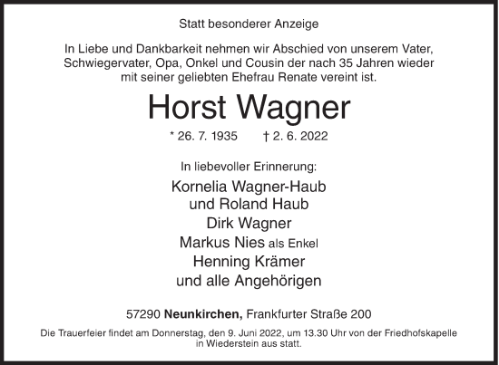 Traueranzeige von Horst Wagner von Siegener Zeitung