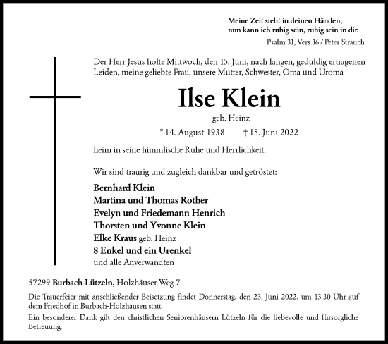 Traueranzeige von Ilse Klein von Siegener Zeitung