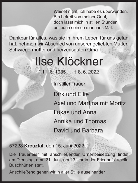 Traueranzeige von Ilse Klöckner von Siegener Zeitung