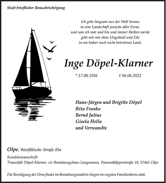Traueranzeige von Inge Döpel-Klarner von Siegener Zeitung