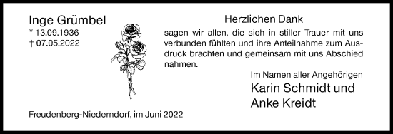 Traueranzeige von Inge Grümbel von Siegener Zeitung