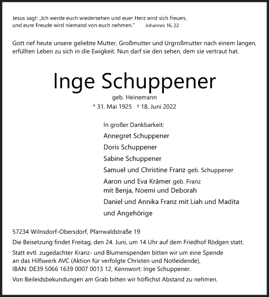 Traueranzeige von Inge Schuppener von Siegener Zeitung