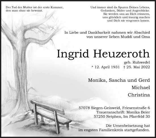 Traueranzeige von Ingrid Heuzeroth von Siegener Zeitung