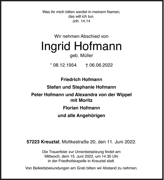 Traueranzeige von Ingrid Hofmann von Siegener Zeitung
