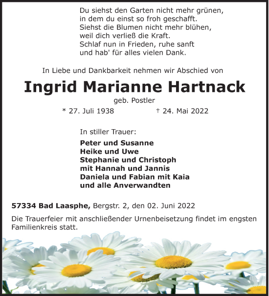 Traueranzeige von Ingrid Marianne Hartnack von Siegener Zeitung