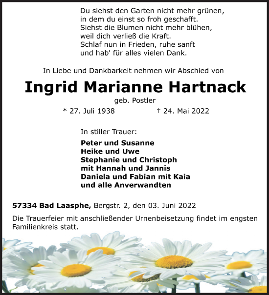 Traueranzeige von Ingrid Marianne Hartnack von Siegener Zeitung