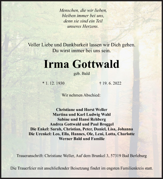Traueranzeige von Irma Gottwald von Siegener Zeitung