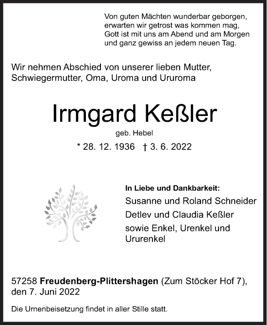 Traueranzeige von Irmgard Keßler von Siegener Zeitung