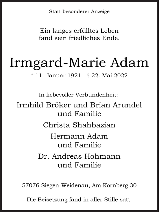 Traueranzeige von Irmgard-Marie Adam von Siegener Zeitung