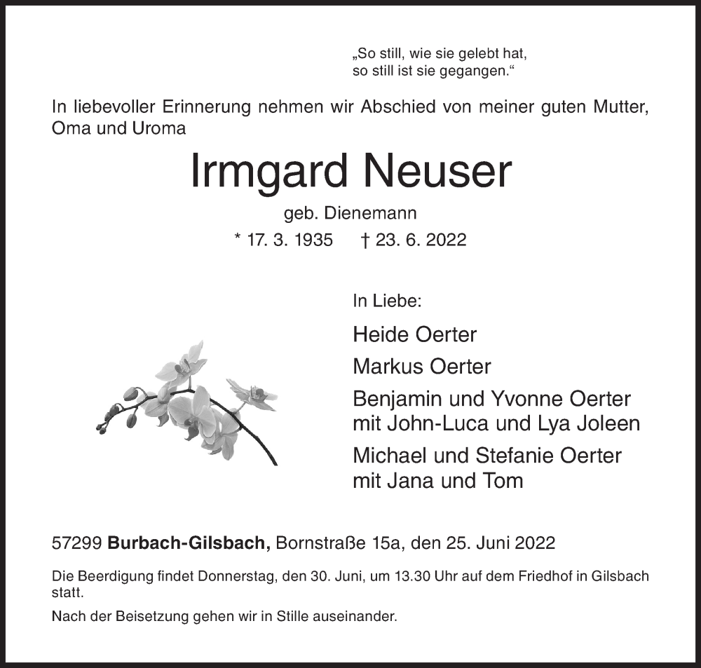  Traueranzeige für Irmgard Neuser vom 25.06.2022 aus Siegener Zeitung