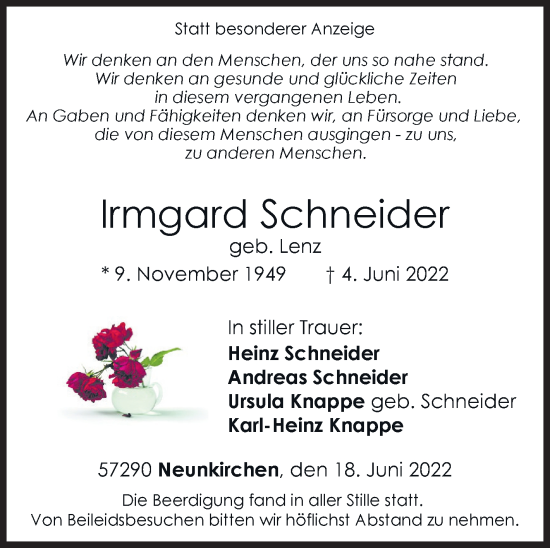 Traueranzeige von Irmgard Schneider von Siegener Zeitung