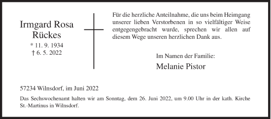 Traueranzeige von Irmgard Rosa Rückes von Siegener Zeitung