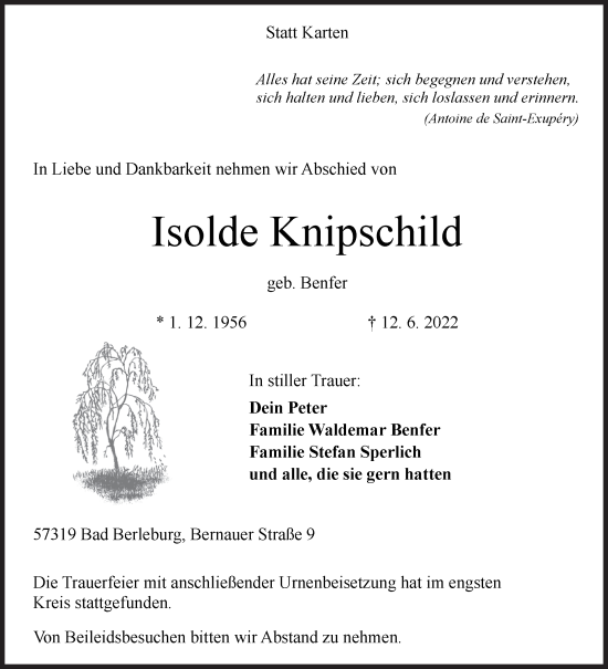 Traueranzeige von Isolde Knipschild von Siegener Zeitung