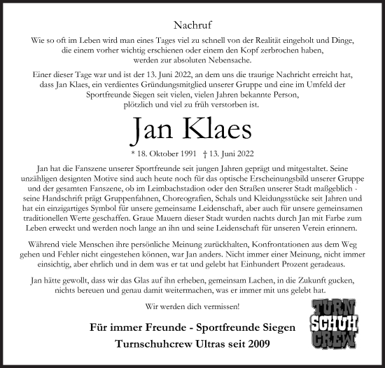 Traueranzeige von Jan Klaes von Siegener Zeitung