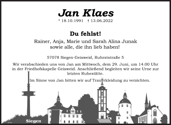 Traueranzeige von Jan Klaes von Siegener Zeitung
