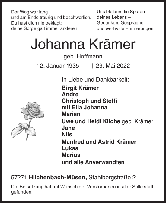Traueranzeige von Johanna Krämer von Siegener Zeitung