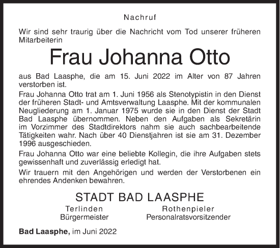 Traueranzeige von Johanna Otto von Siegener Zeitung