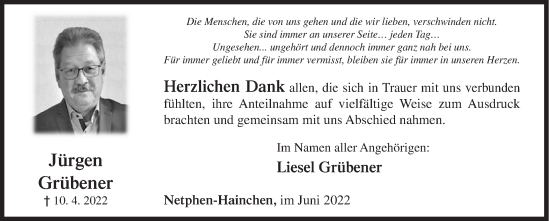 Traueranzeige von Jürgen Grübener von Siegener Zeitung