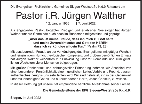 Traueranzeige von Jürgen Walther von Siegener Zeitung