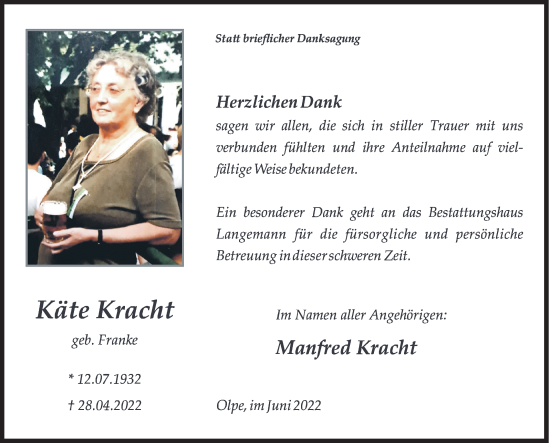 Traueranzeige von Käte Kracht von Siegener Zeitung