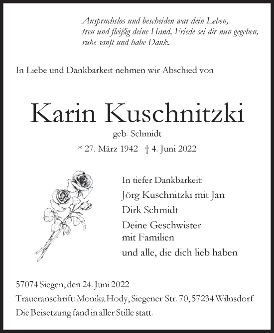 Traueranzeige von Karin Kuschnitzki von Siegener Zeitung