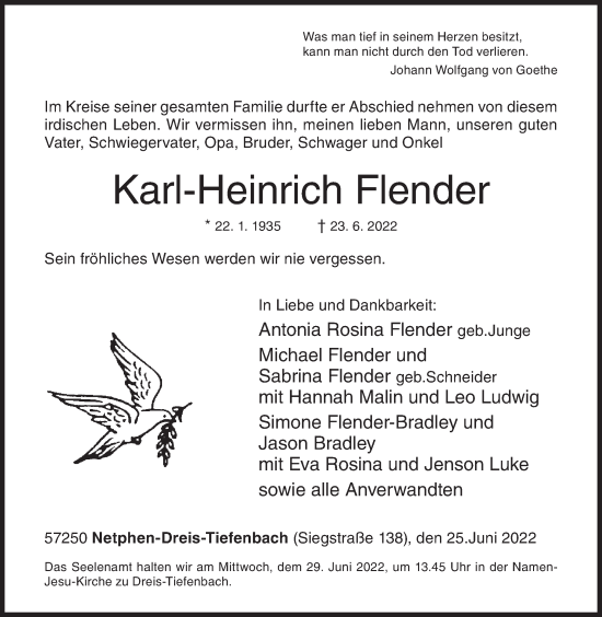 Traueranzeige von Karl-Heinrich Flender von Siegener Zeitung