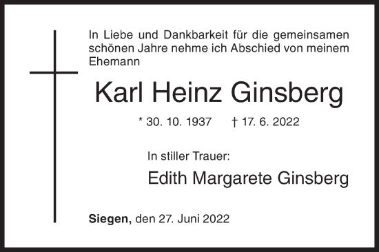 Traueranzeige von Karl Heinz Ginsberg von Siegener Zeitung