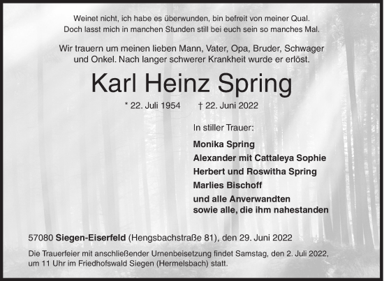 Traueranzeige von Karl Heinz Spring von Siegener Zeitung