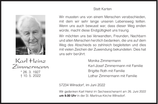 Traueranzeige von Karl Heinz Zimmermann von Siegener Zeitung