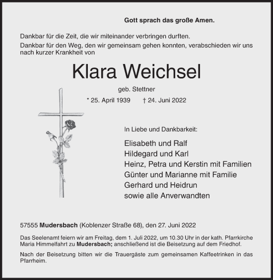 Traueranzeige von Klara Weichsel von Siegener Zeitung