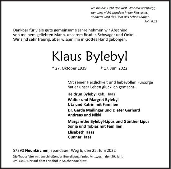 Traueranzeige von Klaus Bylebyl von Siegener Zeitung