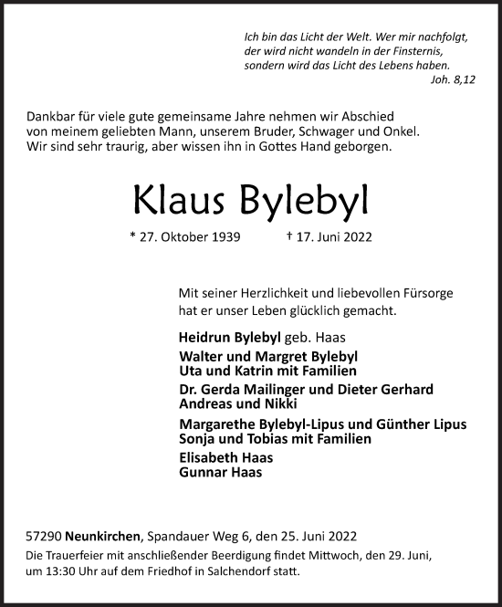 Traueranzeige von Klaus Bylebyl von Siegener Zeitung