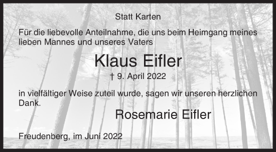 Traueranzeige von Klaus Eifler von Siegener Zeitung