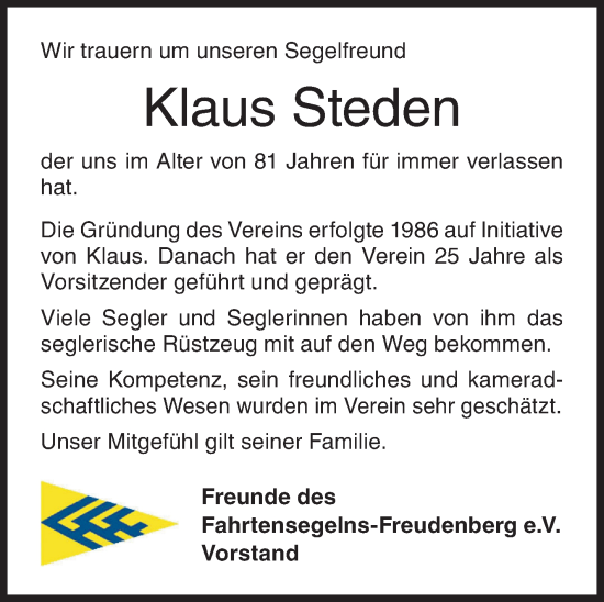 Traueranzeige von Klaus Steden von Siegener Zeitung